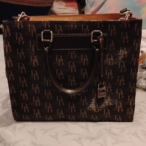 VTG Dooney & Bourke Camel & Brown Vacchetta Leather Monogram Handbag Crossbody